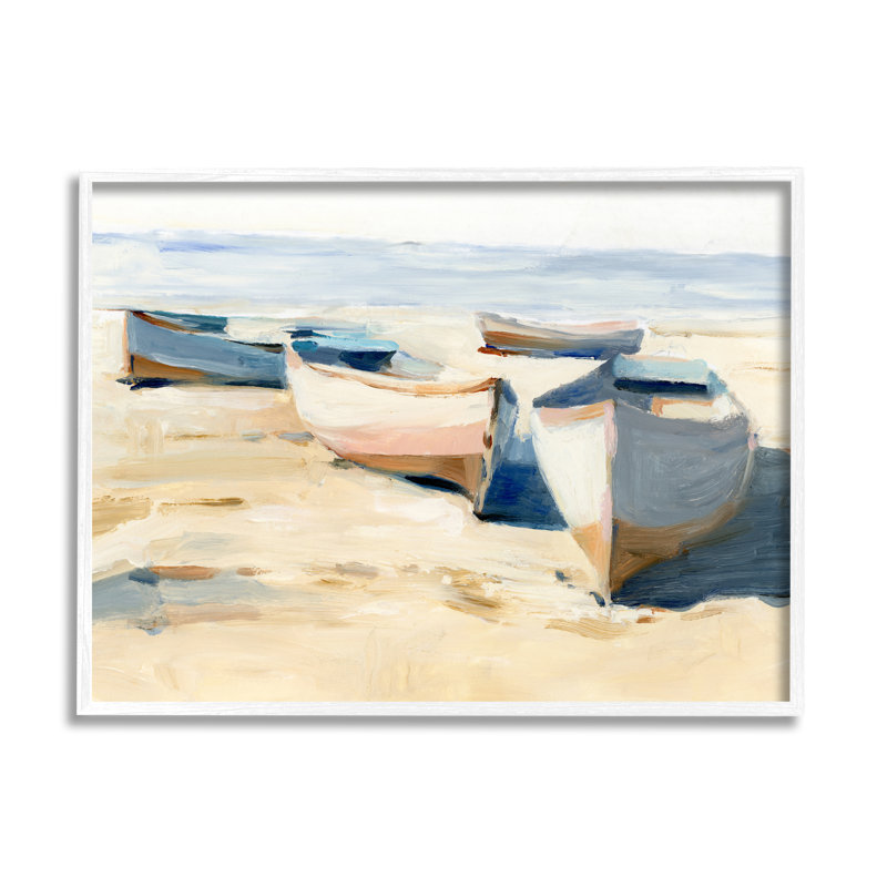 Peinture de bateaux sur la plage par Ethan Harper, H 16 po x l 20 po x P 1,5 po, Giclée encadrée blanc bord de mer