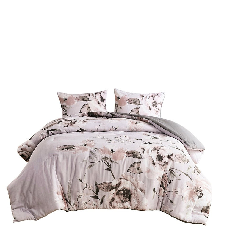 Édredon double / grand - imprimé floral avec envers en microfibre et lavable à la machine 3 pièces en mauve, coton imprimé bleu / rembourrage 100% style