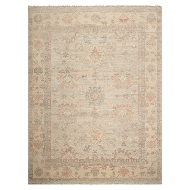 Tapis oriental beige en laine noué à la main 9 x 12 po Oushak