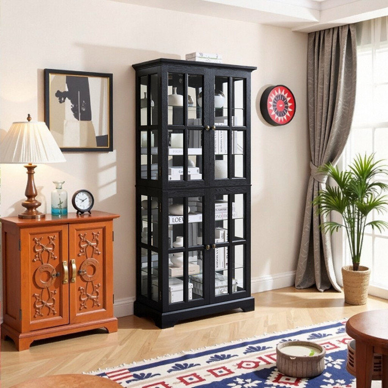 Large 4 Door Glass Display Cabinet With Light Bulb Included - Antique Vintage Bookshelf Adjustable Shelves, Black