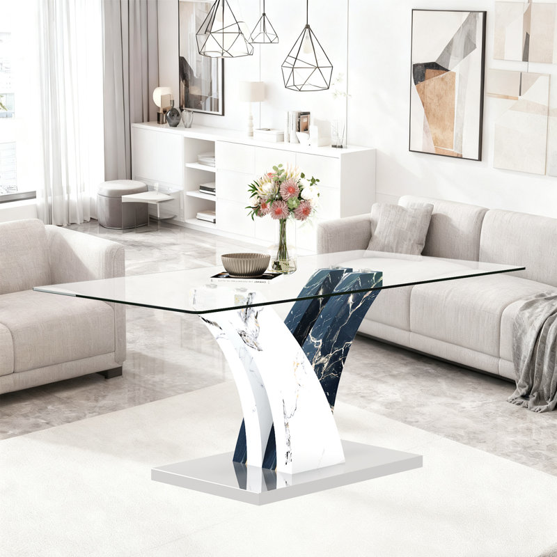 Table de salle à manger rectangulaire moderne avec plateau en verre trempé et pieds en panneau de fibres à densité moyenne pour la maison, le bureau et le restaurant