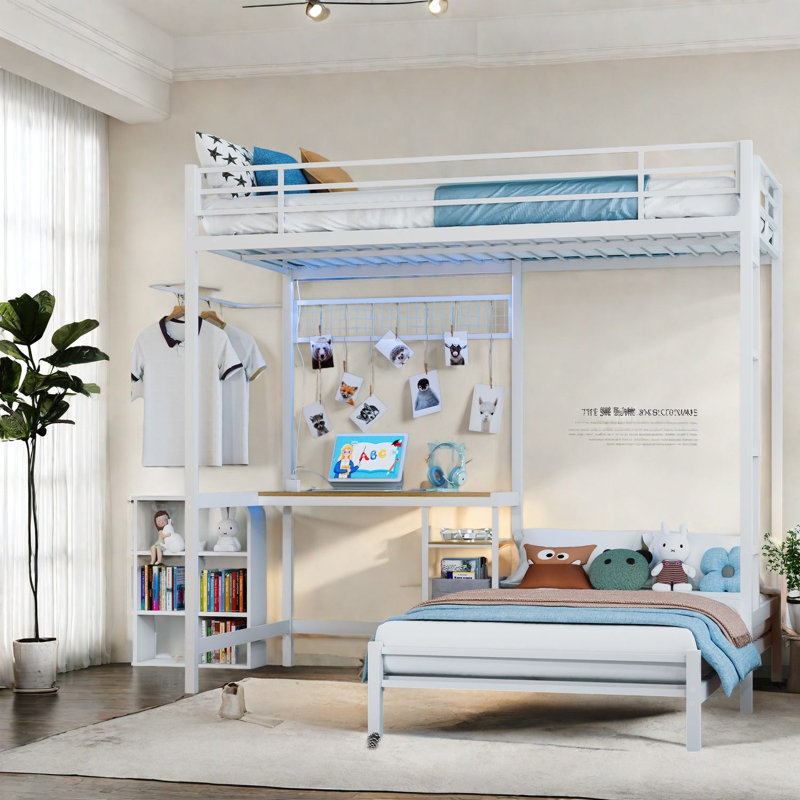Lits jumeaux superposés séparables avec rangement, cadre en métal, blanc moderne pour la maison