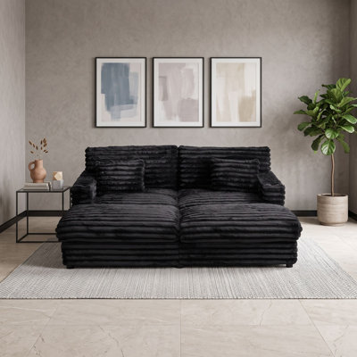 Double Chaise Lounge Sofa Bed with Faux Rabbit Fur Upholstery, Dual USB Ports, Cup Holders and Two Lumbar Pillows