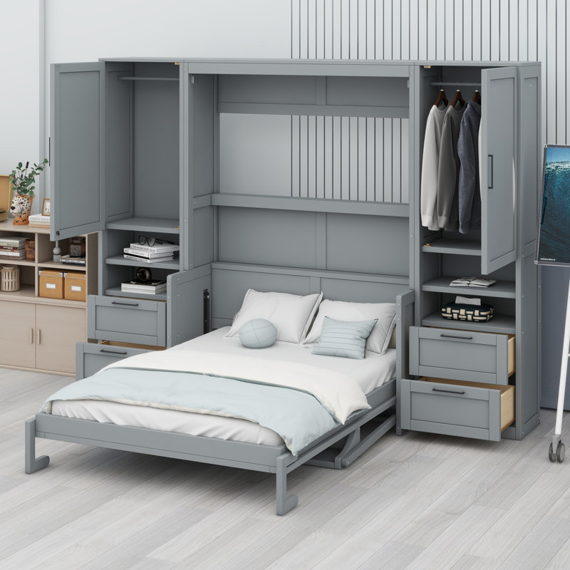 Lit escamotable Murphy avec placard, tiroirs et tablettes, Gris, Double