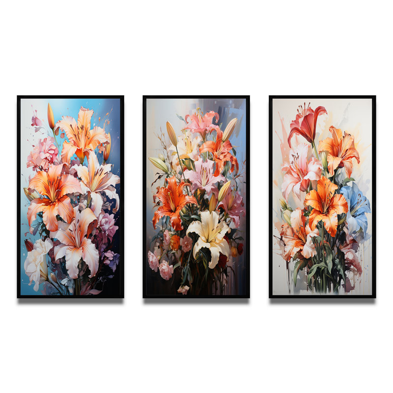 «Lilies Représentation multicolore acrylique III», 3 pièces sur toile, Cadre flottant noir, H 32 po x l 48 po