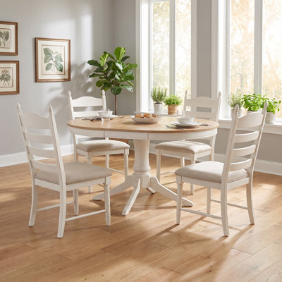 5-Piece Retro Extendable Dining Set with Round Table, 4 Upholstered Chairs & Pedestal Base – Extendable Dining Set for Dining Room and Kitchen