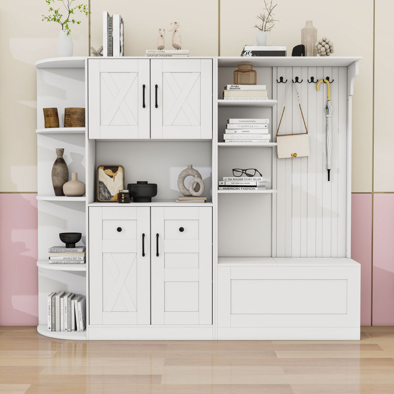 Multifunctional Hall Cabinet with Storage & Hooks, 2-in-1 Left-Right Combination Design, White