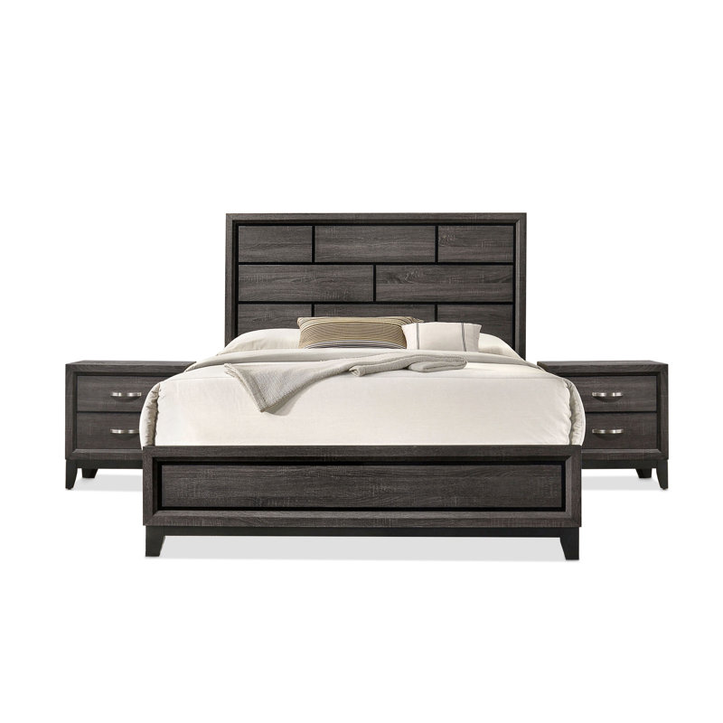 Ferris Beeson 5-Piece Bedroom Set, Très grand lit, Noir/gris, Trois pièces : lit et deux tables de chevet