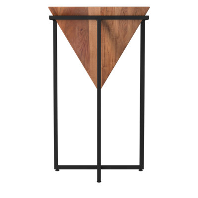 Cherine Pyramid Shape Acacia Wood Side Table With Cross Iron Base, Brown and Black