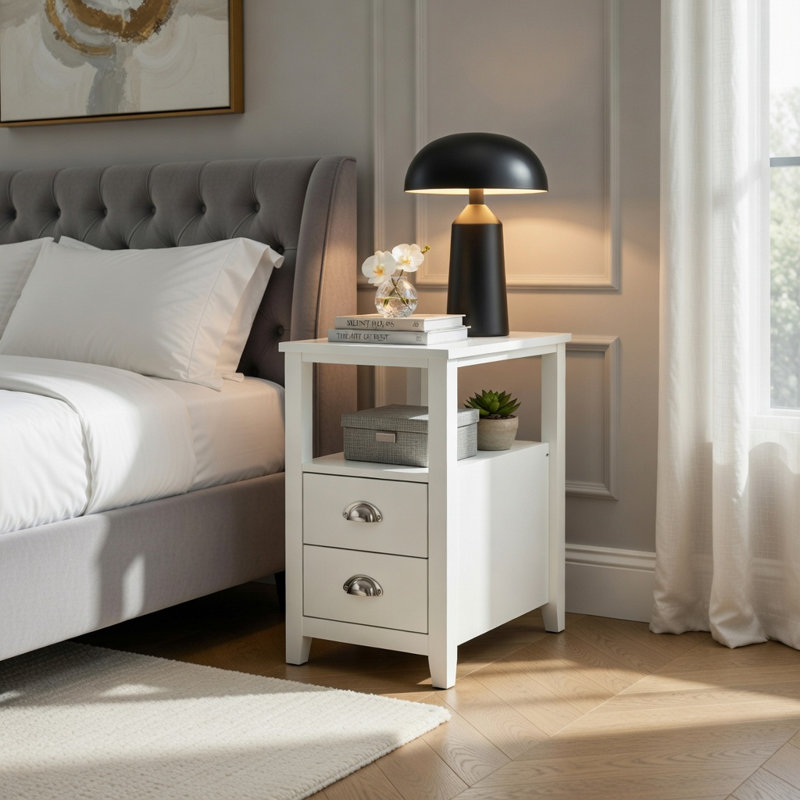 Table de bout moderne en bois avec 2 tiroirs et tablette ouverte, table de chevet pour la chambre à coucher ou le salon, blanc