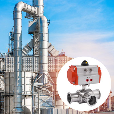 Pneumatic 3-Way Sanitary Ball Valve 2 Inch Tri Clamp 304 Stainless Steel Double Acting Actuator PTFE Seal Sanitary Ball Valve for Water Oil Air Food Grade Pipeline Control