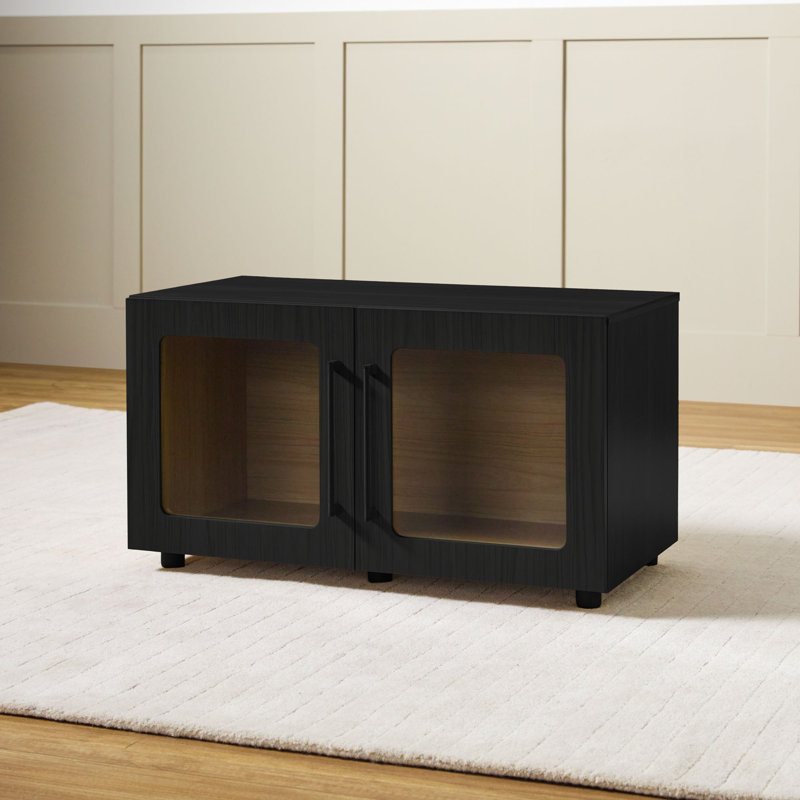 Modern 32" Low Profile Glass Door Modular Accent Cabinet, Black, 18" H x 32" W x 16.5" D