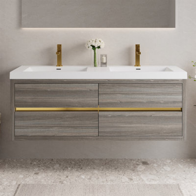 Meuble-lavabo mural de 60 po avec lavabos doubles, armoire de rangement flottante, comptoir en résine de pierre et tiroirs à fermeture en douceur