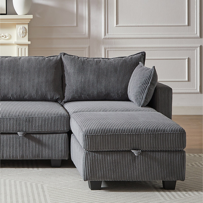 114"Upholstered Corduroy Sleeper Sectional Sofa with 2 Pillows, Gray Corduroy
