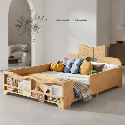 Full Size Kids Platform Bed with Full Surround Guardrails, Cute Bowknot Shaped Headboard & Built-in Side Bookshelf, Natural Wood Finish Floor Bed, No Box Spring Needed and low profile design. Natural