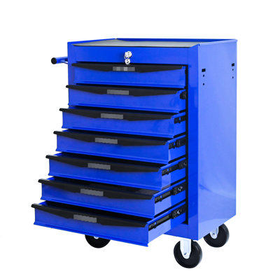 7 Rolling Metal Tool Chest, 20" Storage Box With Bearing Slides, Black & Blue, 4  2 Brake , Lockable For Safe In Workshop Steel Design
