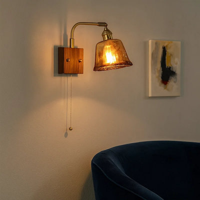 Minimalist Bedside Sconce, Movable Arm with Vintage Zipper Switch, Solid Brass Walnut Wood Wall Lamp, Warm Light E26