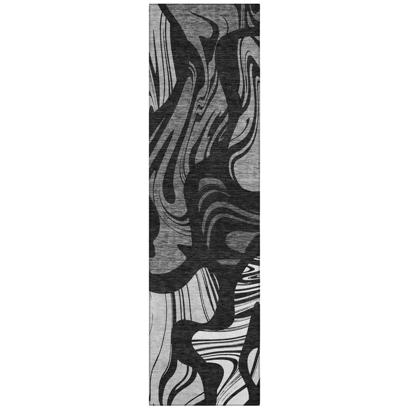 Machine Washable Indoor/Outdoor Chantille ACN2852 Abstract Rug, Black, 2'3" x 7'6" Runner