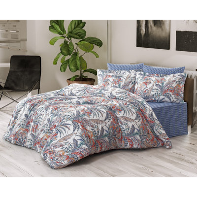Ensemble de housse de couette de luxe très grand luxe Ranforce, 102 x 87, 100% coton, blanc avec rouge brique et bleu | Housse de couette et enveloppes à boutons 145 fils, lavable à la machine, 145 fils (2 pièces) | Élégante literie améliorée