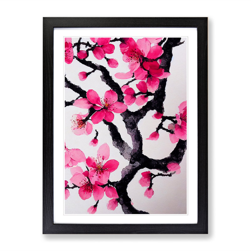 Watercolour Cherry Blossom Tree Vol.3 - Picture Frame Print, 34cm H x 25cm W x 2cm D, Walnut