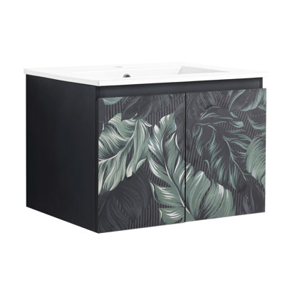 Meuble-lavabo mural 24 po. Contreplaqué noir avec porte à fermeture en douceur. Évier en céramique pour une salle de bain moderne.