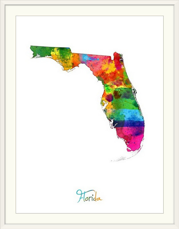 «Abarca Florida Map» par Michael Tompsett - impression d'art graphique, Cadre blanc, H 24 po x l 20 po x P 1 po