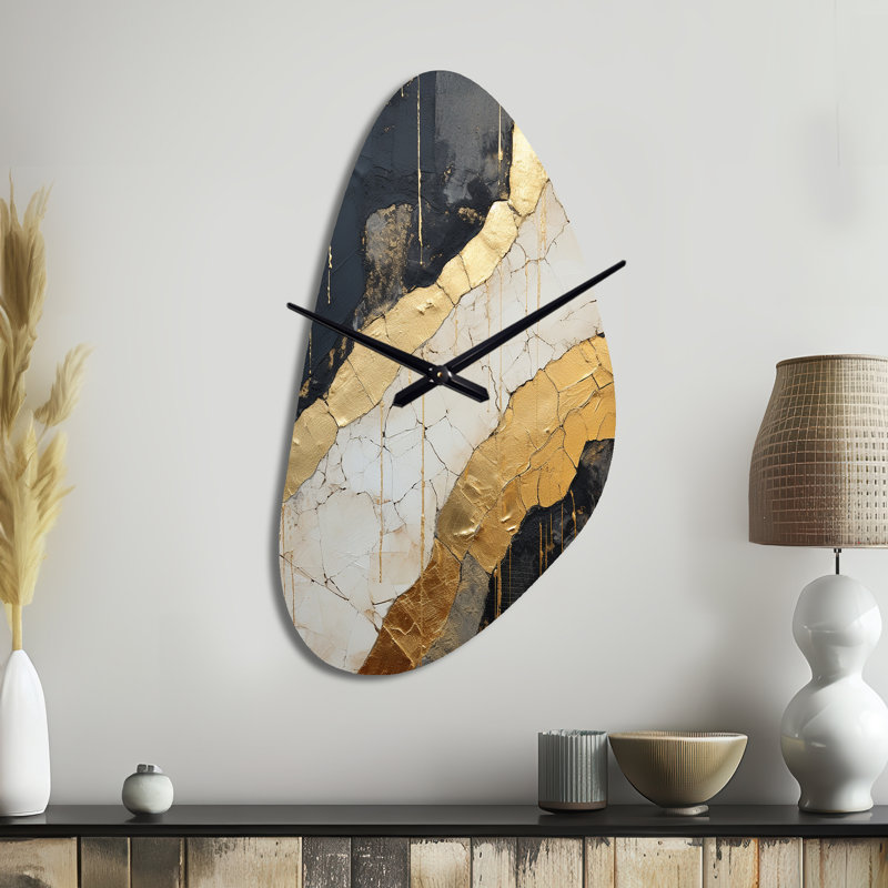 Black Gold Adorned Potteries V - Abstract Spirals Asymmetrical Metal Wall Clock, Modern Unique Shape Wall Clock Print, Medium