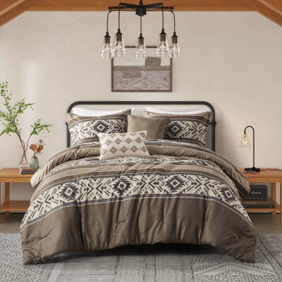 Édredon, très grand / très grand lit, rayure à chevrons 5 pièces, brun, 2 coussins décoratifs