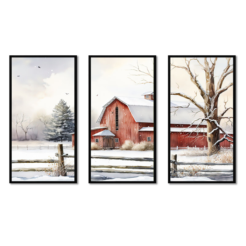 Calm Red Barn In Winter II - ensemble d'art mural sur toile Farmhouse, H 32 po x l 48 po x P 1 po, Cadre noir