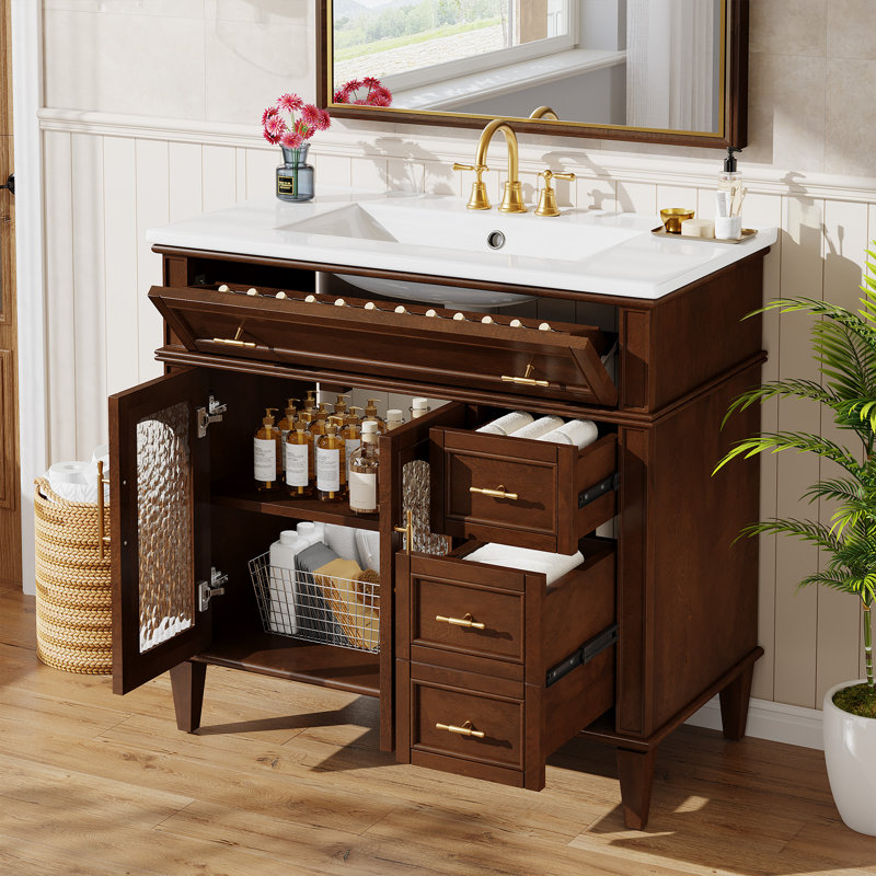 Meuble-lavabo de 91 cm avec lavabo en céramique, Marron foncé
