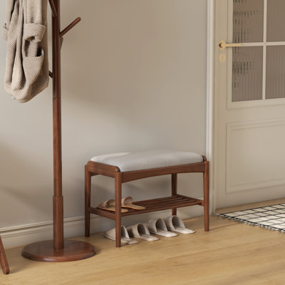 Banc de hall d'entrée en bois de hêtre massif avec siège rembourré MCM
