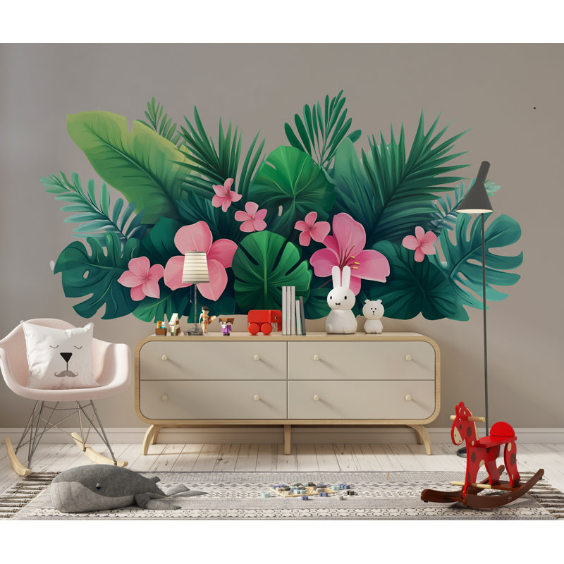 Adhésif décoratif tropical, feuille d'hibiscus rose, grande décoration murale murale jungle décorative, 060Gm