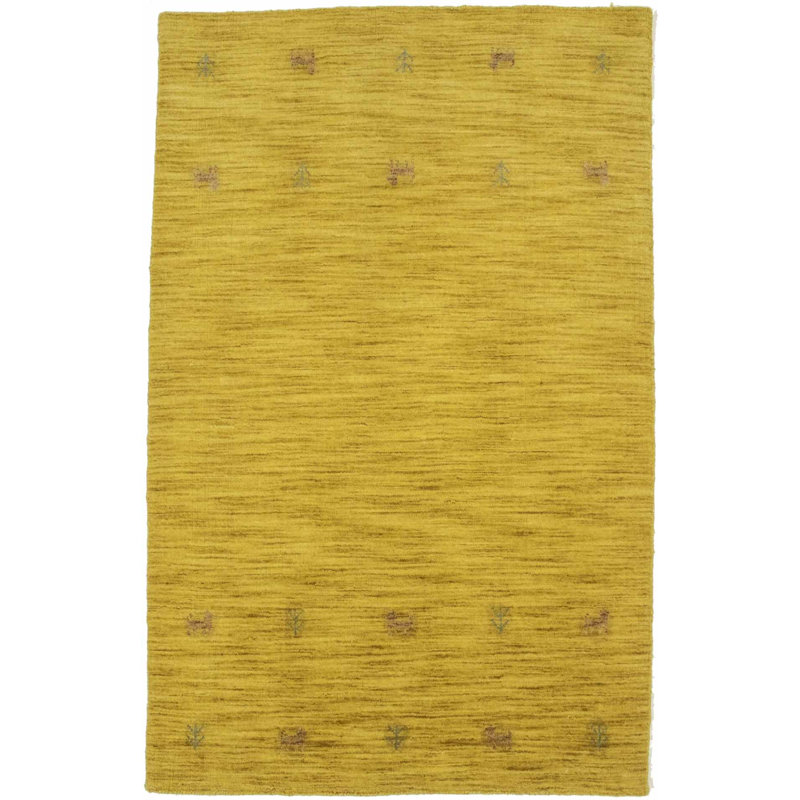 Tapis doré en laine tissé à la main, Rectangulaire 3 pi x 5 pi