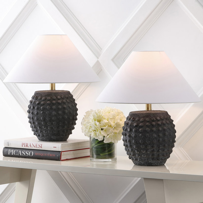 Effie 18.25" Minimalist Scandinavian Ceramic/Iron Hobnail LED Table Lamp, Matte Black