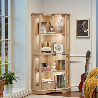 Farmhouse Corner Display Cabinet with Glass Doors, Corner Curio Cabinet with 3-Color LED Motion-Sensor Light (Natural Wood)