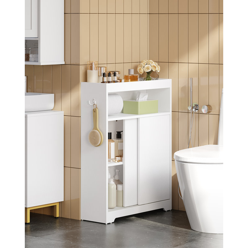 Bathroom Storage Cabinet, Bathroom Floor Cabinet with Sliding Doors, Toilet Paper Holder and Hooks, Freestanding Storage with Adjustable Shelf, for Living Room, Bedroom, White 