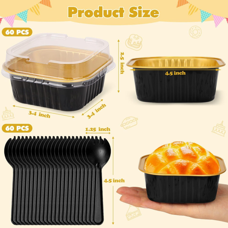 60 Pack 10oz Mini Disposable Cake Pans with Lids, Aluminum Foil Square Baking Cups, 4.4x4.4