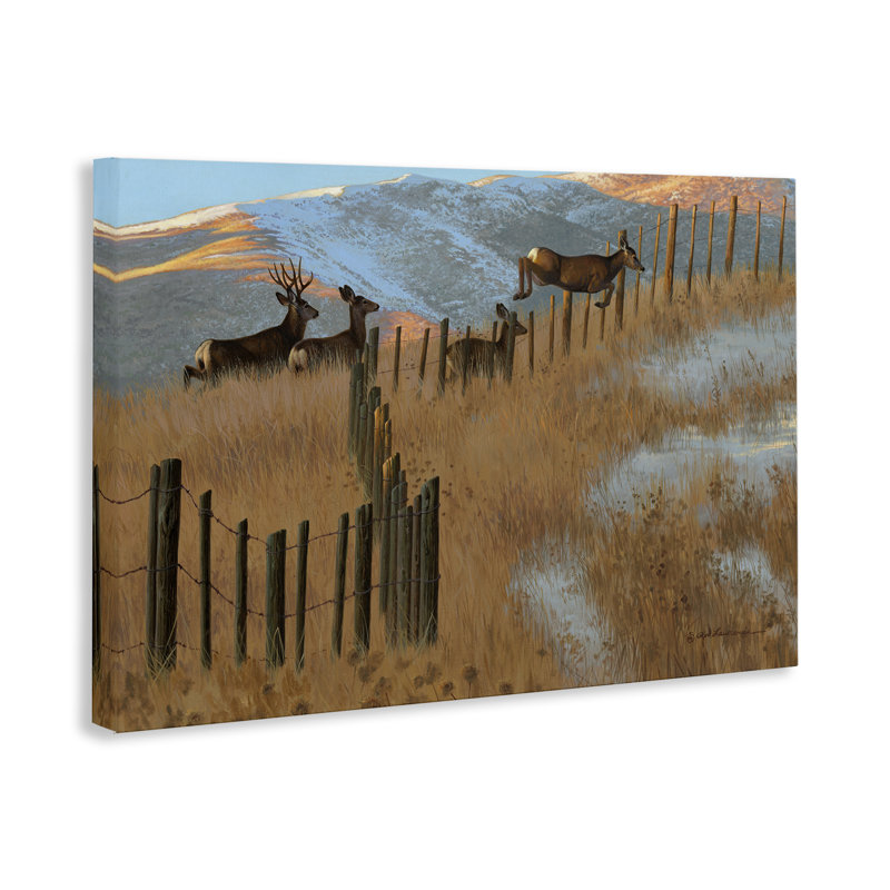 Art mural sur toile de cerf sautant par Rod Lawrence, H 20 po x l 30 po