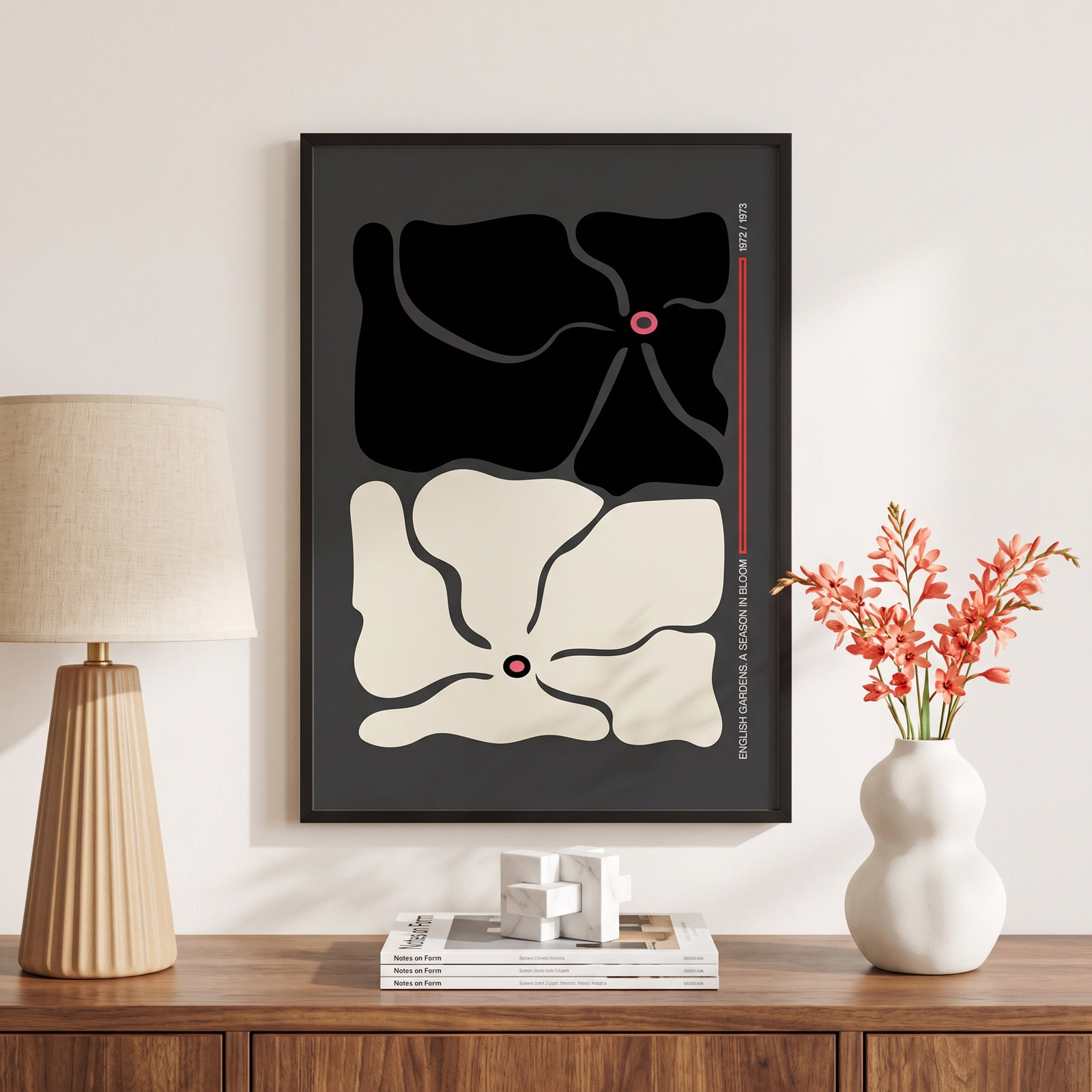 Two by Two Flower Grey Print, Black, 41" H x 29" W x 1" D