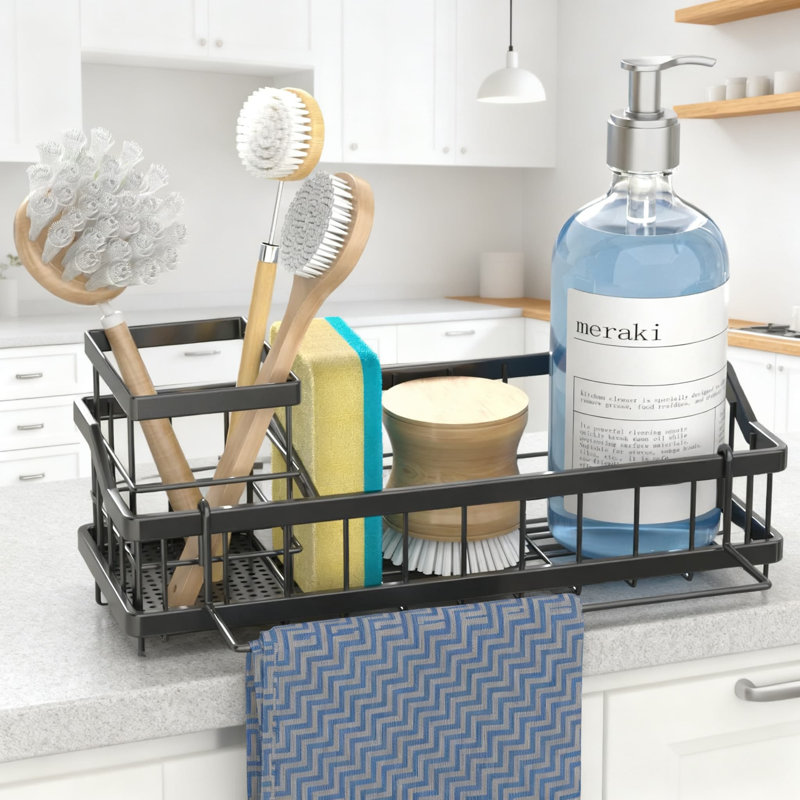 Organisateur de chariot d'évier de cuisine avec drainage automatique, support en éponge en acier inoxydable antirouille pour brosses d'éponges et produits de nettoyage, solution de rangement pour comptoir