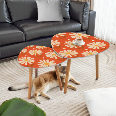 Triangle Nesting Coffee Table Set of 2 red mustard 1970s groovy vintage retro floral daisies End Table Modern Minimalist Side Table Set for Living Room Bedroom