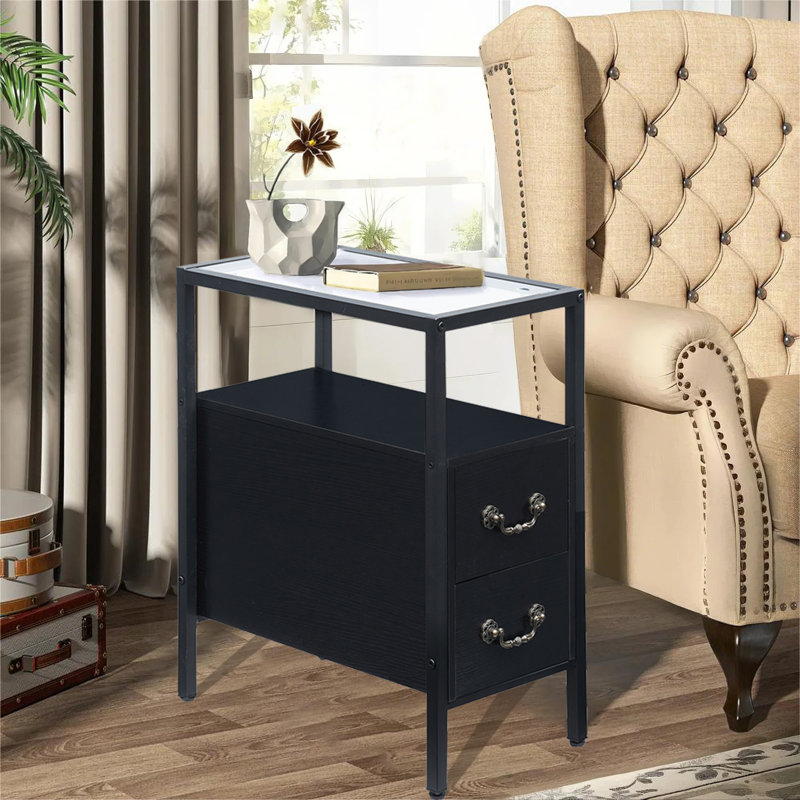 Black Narrow End Tables with Drawers and Open Shelf, Modern Industrial Nightstands with Storage for Bedroom, Sofa Side or Small Spaces