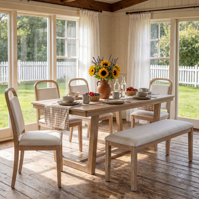 6 - Piece Dining Set for 6, Rectangular Oak Veneer Dining Table, 4 Upholstered Dining Chairs and Bench, Modern Farmhouse, Dining Room