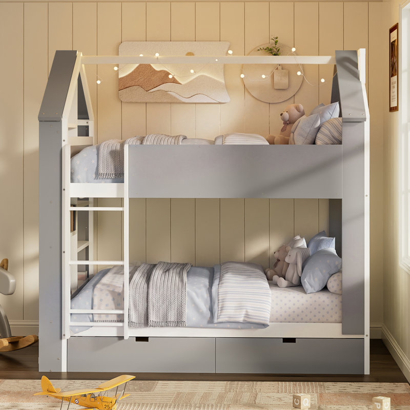 Lits modernes avec rangement, lits superposés en bois (taille standard), pin en MDF, style maison, Blanc