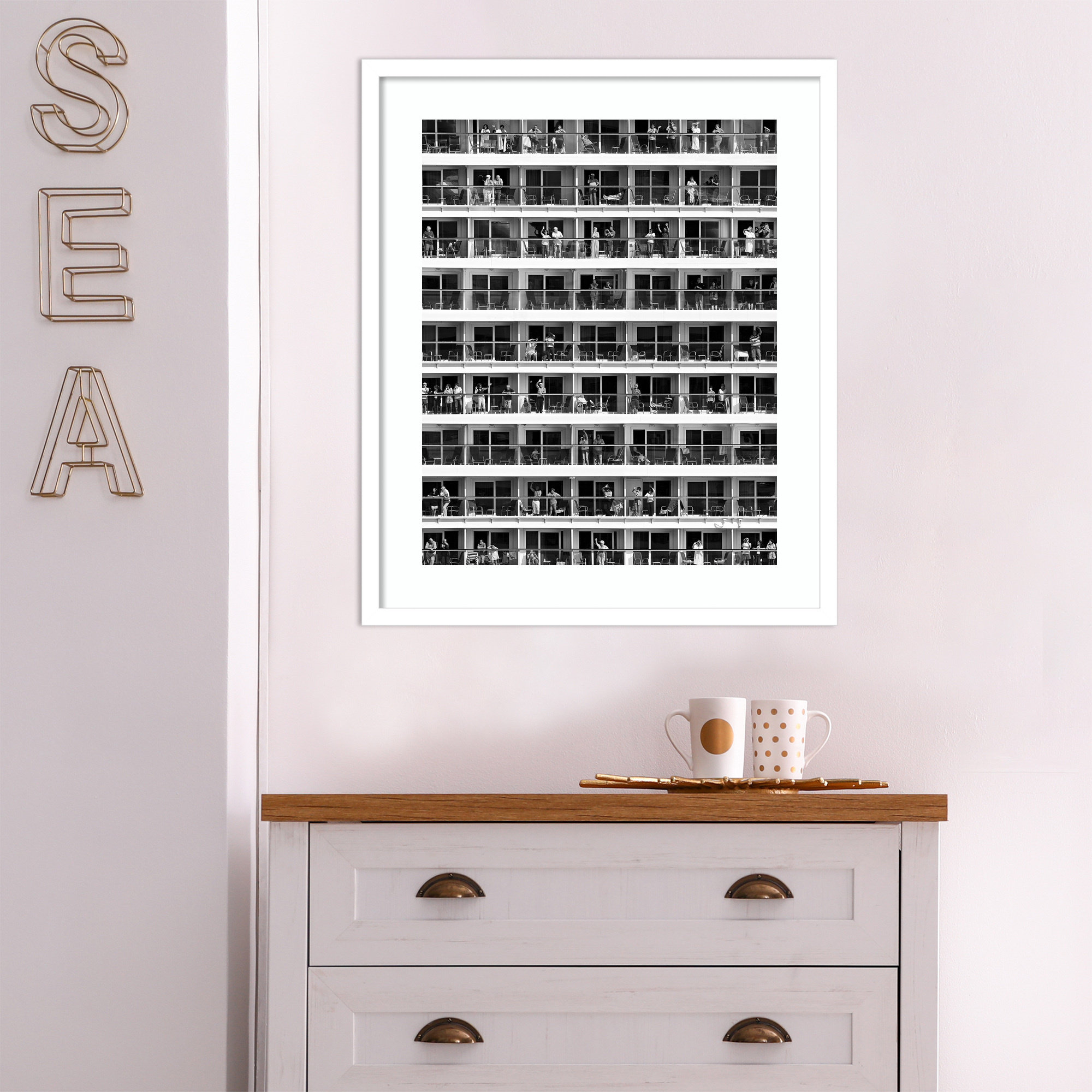 Mass Tourism (People) by Franz Baumann, 25" H x 21" W x 1" D, White Framed