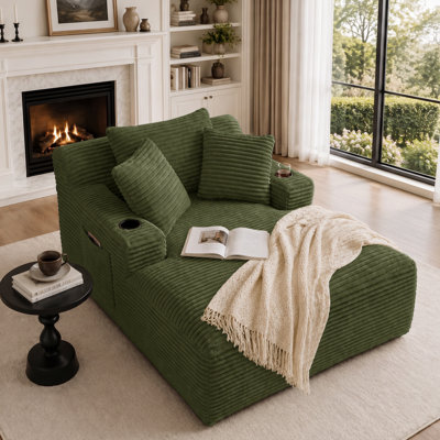 67" Oversized Cloud Corduroy Sleeper Sofa With Side Book Pocket And Armrest Cup Holder