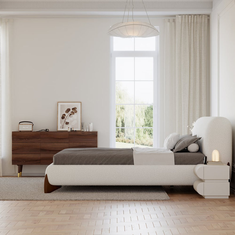 Curva Modern White Boucle Platform Bed Queen Size Bed Frame with Upholstered Headboard, Queen