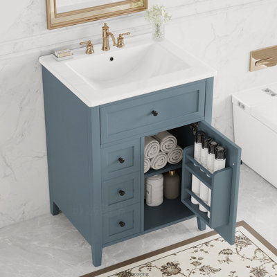 24" Freestanding Bathroom Vanity with Sink Top, MDF & Rubberwood Cabinet with 3 Drawers & Adjustable Shelves, Blue Grey
