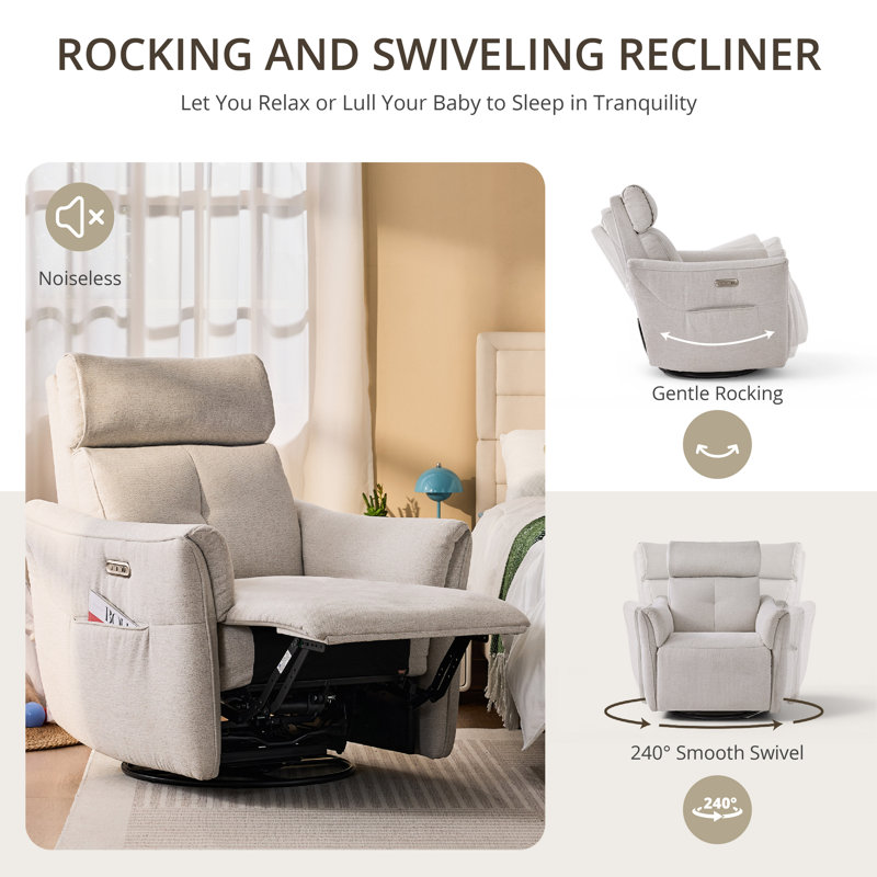 Dual Motor Swivel Glider Nursery Power Recliner With Adjustable Headrest, Rocking Recliner With Side Pockets And USB Charge