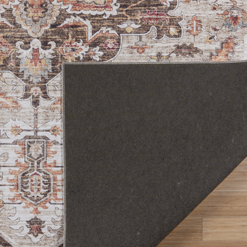 Samira Tiefi Brown Tan Ivory Machine Washable Traditional Medallion Indoor Area Rug, Flat Pile for Living Room & Bedroom - Brown, 9x13